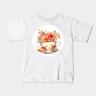 Whimsical Teacup With Flowers Kids T-Shirt